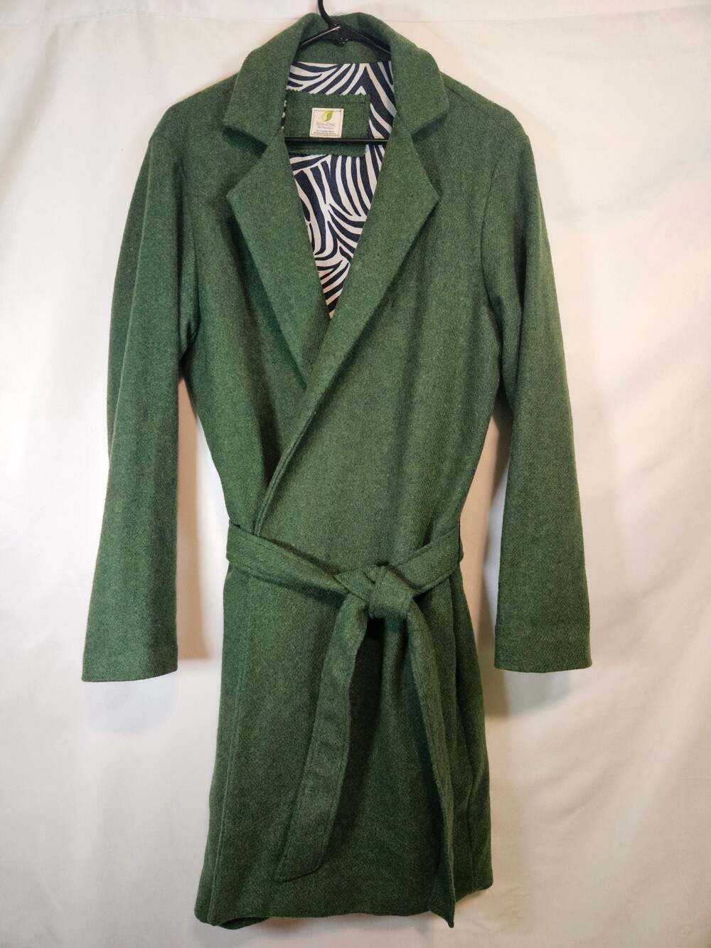 Eco-Chic 3R's Boutique Women's Green Wool-Blend Belted Wrap Coat Zebra Lining